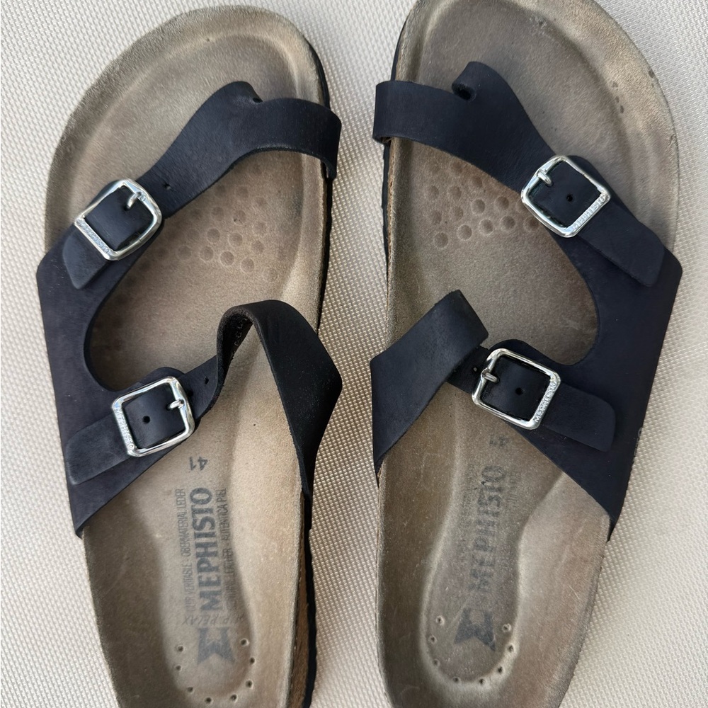 Mephisto Black Double-Buckle Leather Slide Sandals